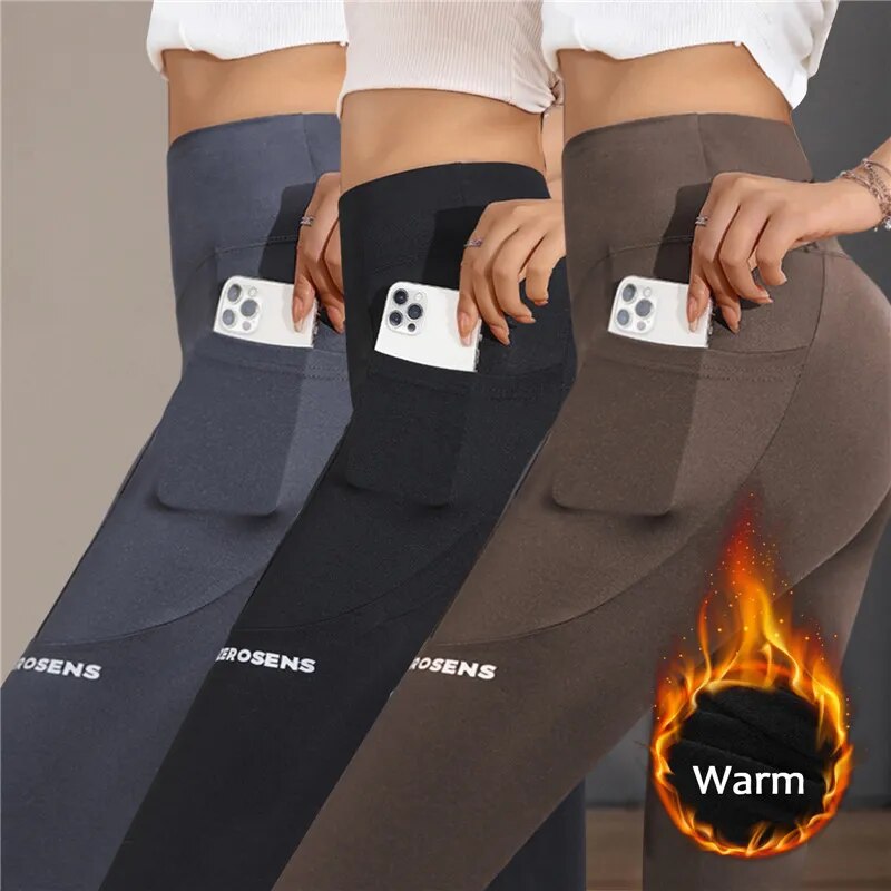 Winter Warm Leggings  Thermal Sports fleece Gym Workout Pants Yoga  with Pocket